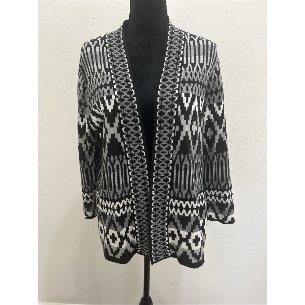 Ruby Rd Womens L White Black Open Front Long Sleeve Cardigan Sweater